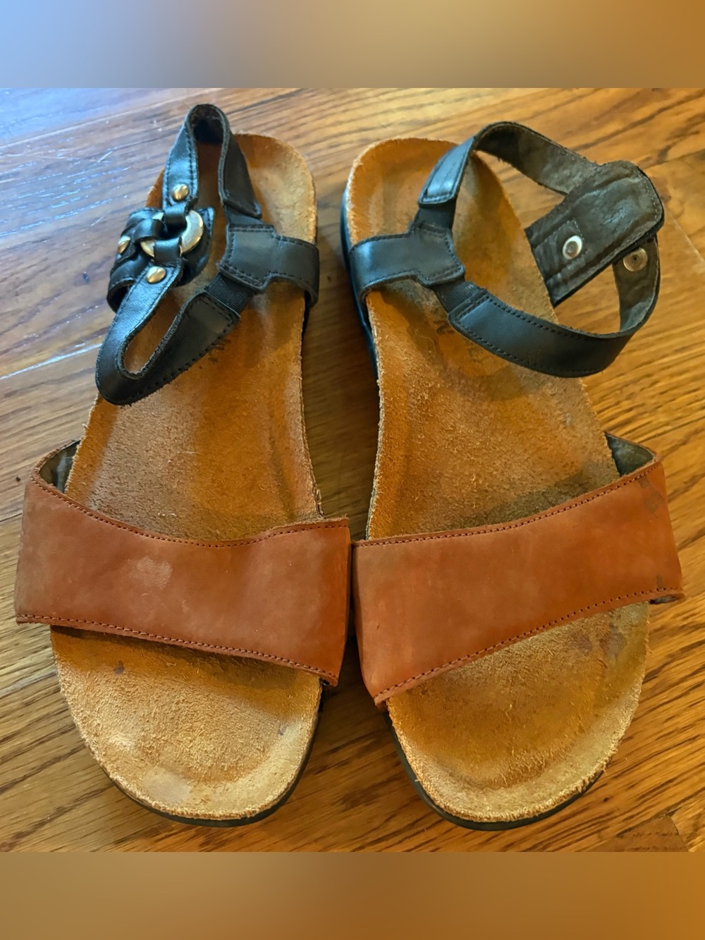 Naot “Sabrina” Sandal in the Antique Brown Suede/Soft Black Leather, Size 39/8.5